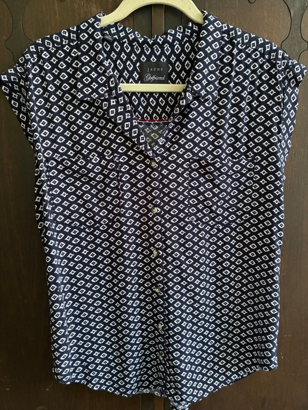JACHS Girlfriend Navy and White Geometric Cap-Sleeve Button Shirt Sz M